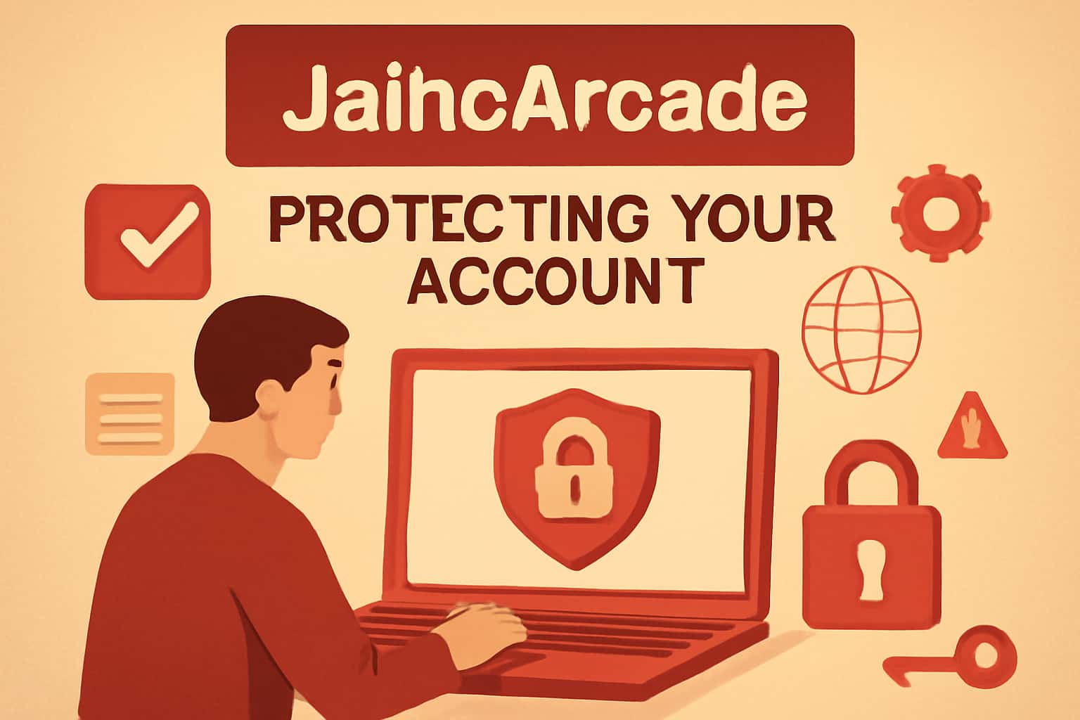 An informational scene illustrating security practices for JaihoArcade account protection.